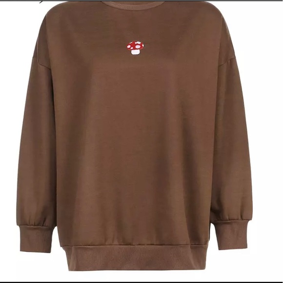 Mushroom Embroidery Brown Pull Over Sweatshirt - Picture 4 of 8